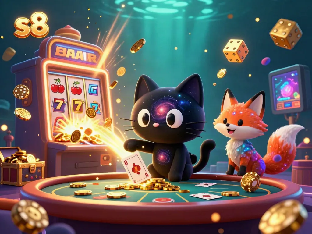 Engage with s8’s cosmic casino experience featuring the black hole cat pulling in golden chips and jackpots.