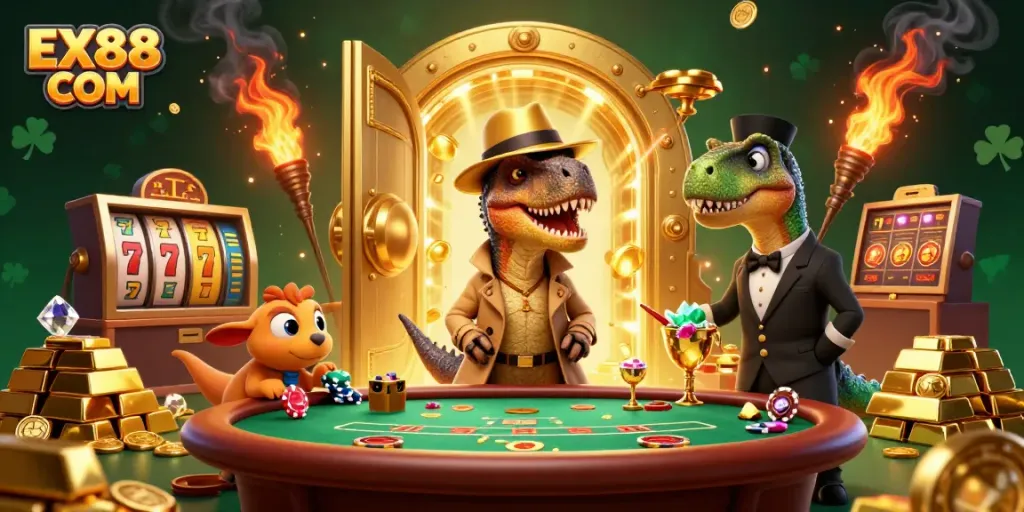 Experience the thrill of EX88 COM with a vibrant 3D casino scene featuring a velociraptor card counter.
