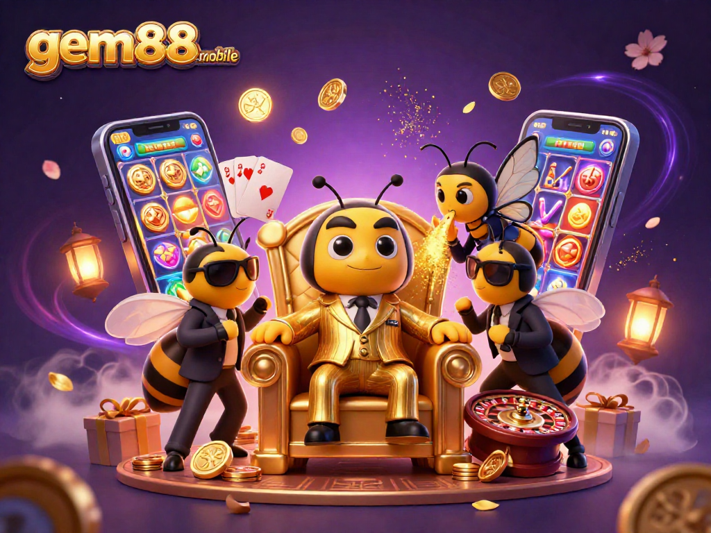 Spin slots and win at gem88-mobile with a mob boss and vibrant casino scene.