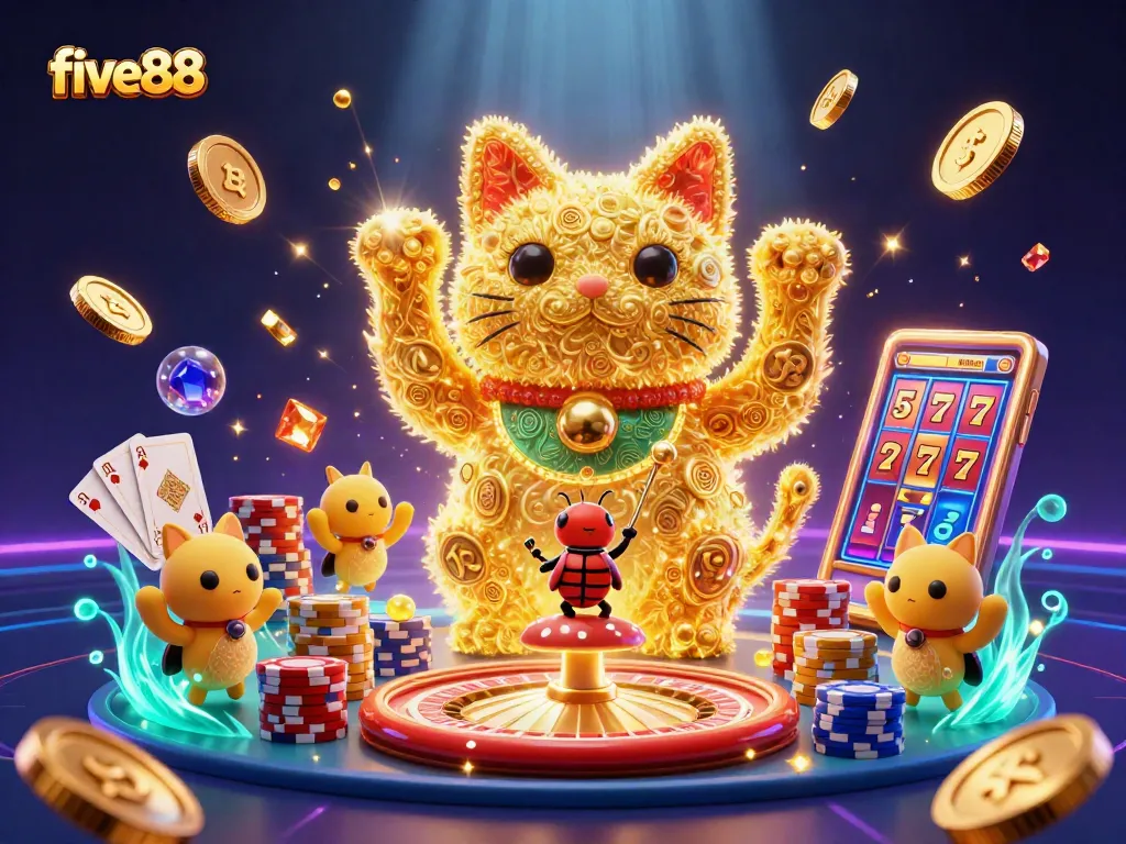 Experience the excitement of five88 with animated casino symbols and lucky charms in a vibrant 3D scene.