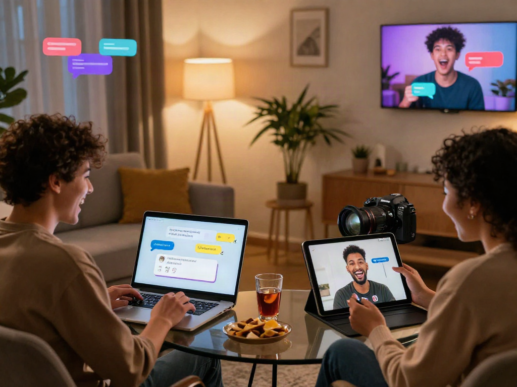Engaging scene of individuals having a lively sex chat online in a cozy home environment.