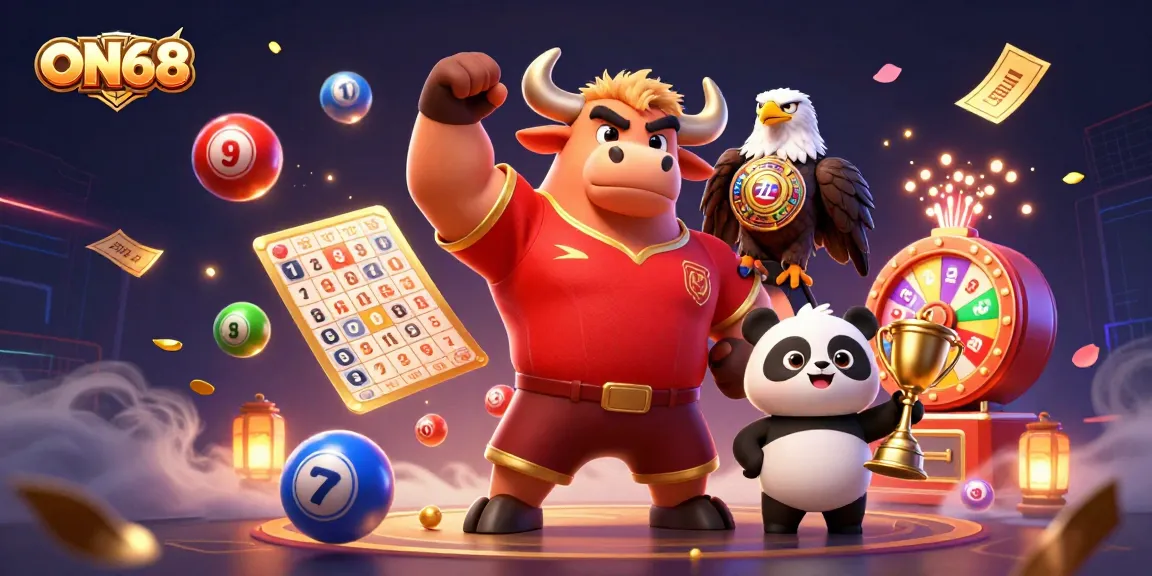 Engage with ON68's thrilling lottery games featuring a strong bull mascot and festive elements.