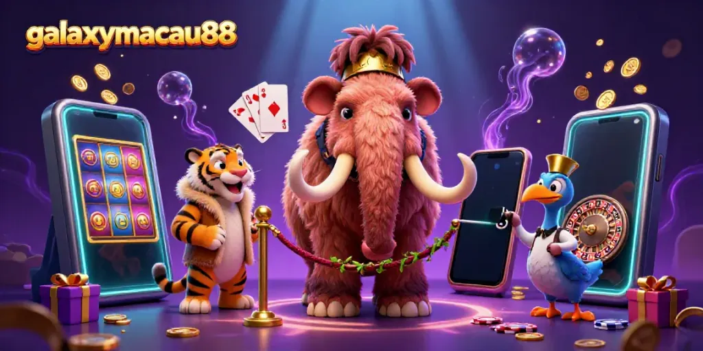 Engage with galaxymacau88 as a woolly mammoth checks VIP IDs at a vibrant casino entry scene.