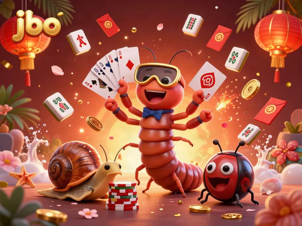 Exciting jbo scene with a cartoon dealer, high-roller snail, and joyful pill bug amidst casino elements.