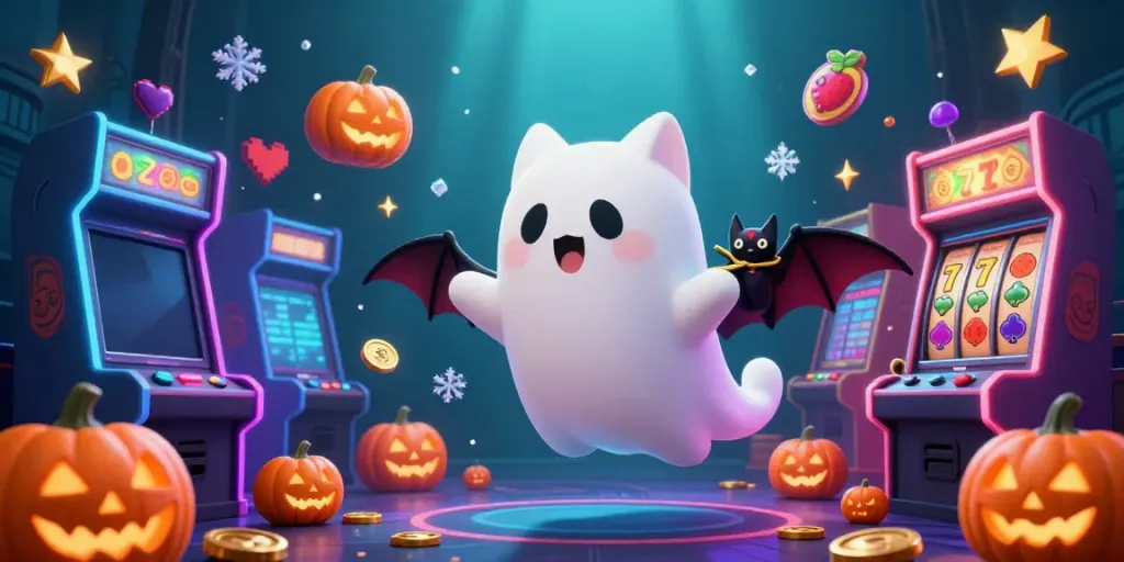 Experience thrilling gambling adventures with lv88, featuring a ghost cat and vampire bat in a captivating casino scene.