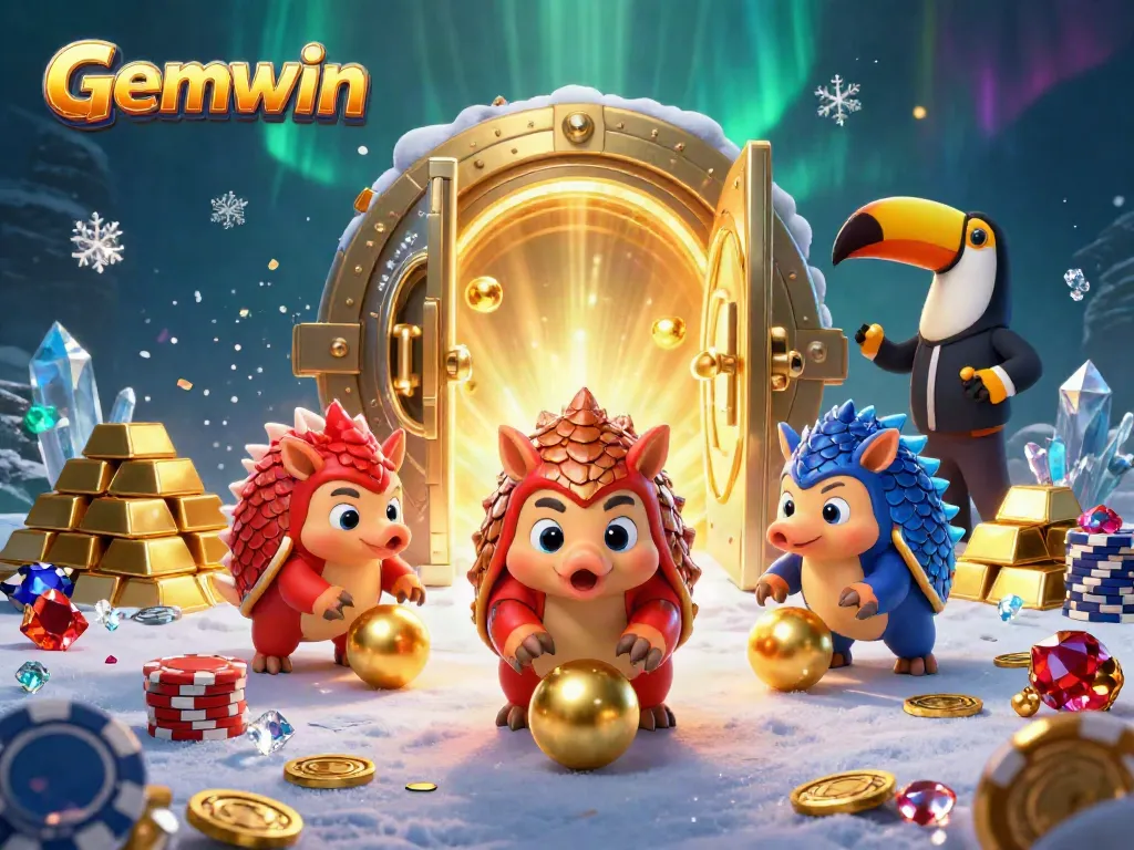 Gemwin pangolins roll through poker chips in a vibrant casino scene, showcasing excitement and treasures.