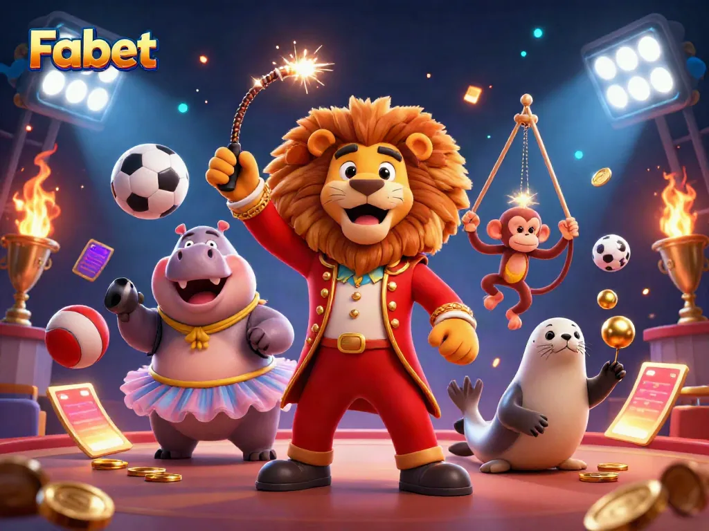 Experience the thrill of gaming with Fabet's vibrant 3D circus scene featuring a lion, hippo, monkey, and seal.
