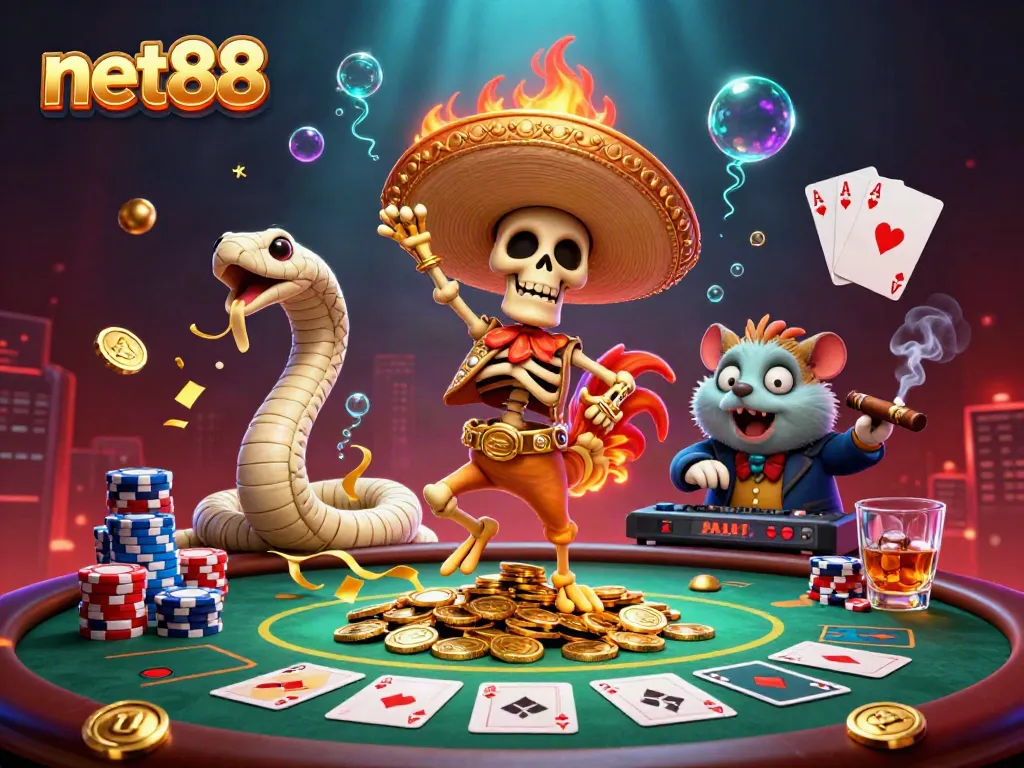 Net88 gaming celebration with $10,000 poker win highlighted by vibrant characters and rich atmosphere.