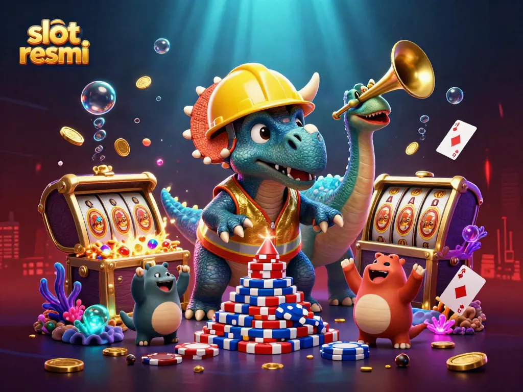 Engage with slot resmi through a dynamic scene of a triceratops building poker chip pyramids underwater.