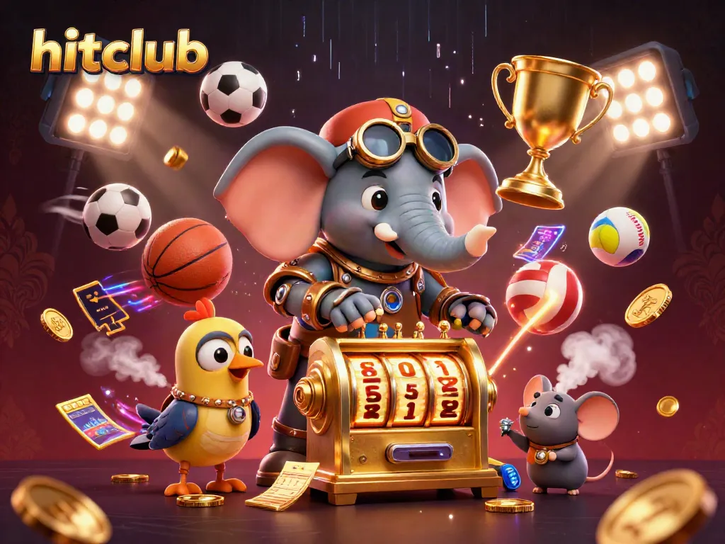 Immerse in hitclub's thrilling atmosphere as a steampunk elephant spins a golden slot machine.