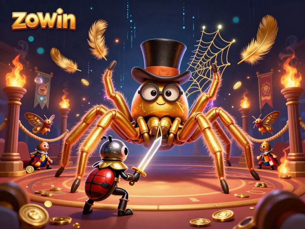 Experience thrilling gameplay at ZOWIN, where a brave beetle knight encounters a giant golden tarantula in a dazzling casino.