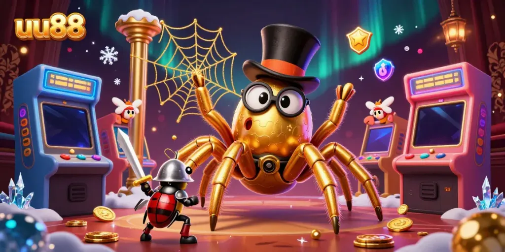 Join the uu88 adventure inside a fantasy casino world with a golden tarantula and knight!