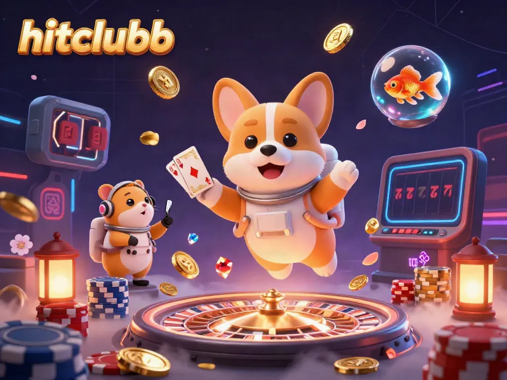Experience hitclubb gaming excitement with a floating astronaut corgi in a vibrant casino scene.