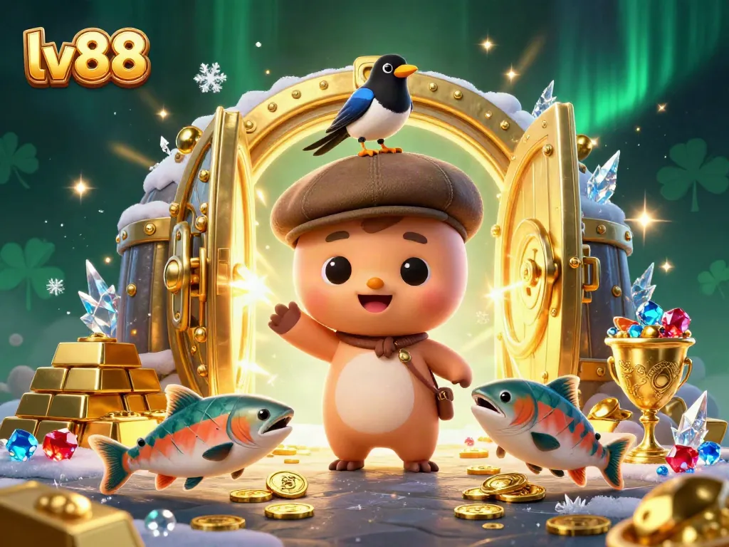 Win big at lv88 with playful characters and a treasure-filled casino theme illustration.