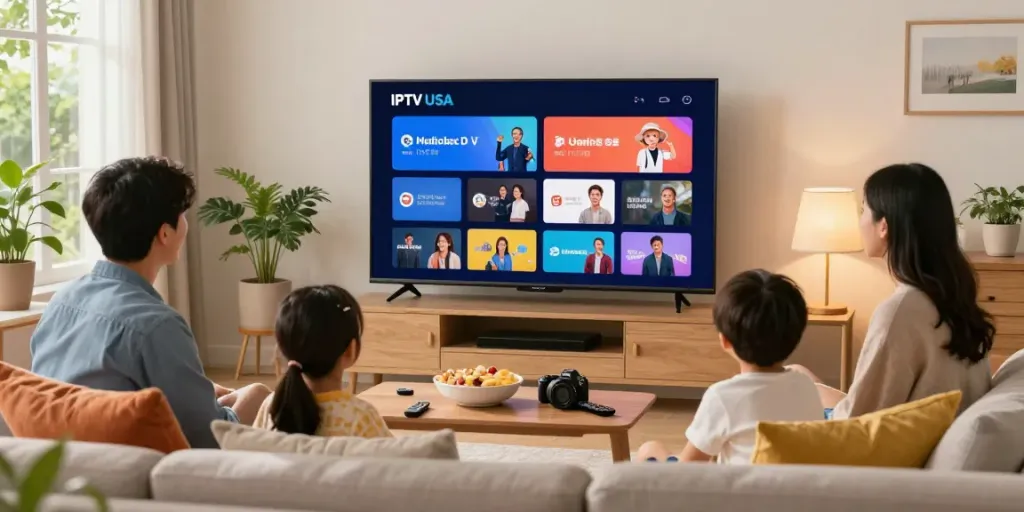 Family enjoying IPTV USA service in a cozy living room with snacks and TV.