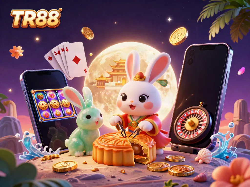 Experience TR88 with a moon rabbit and jade companion revealing poker chips in an online casino scene.