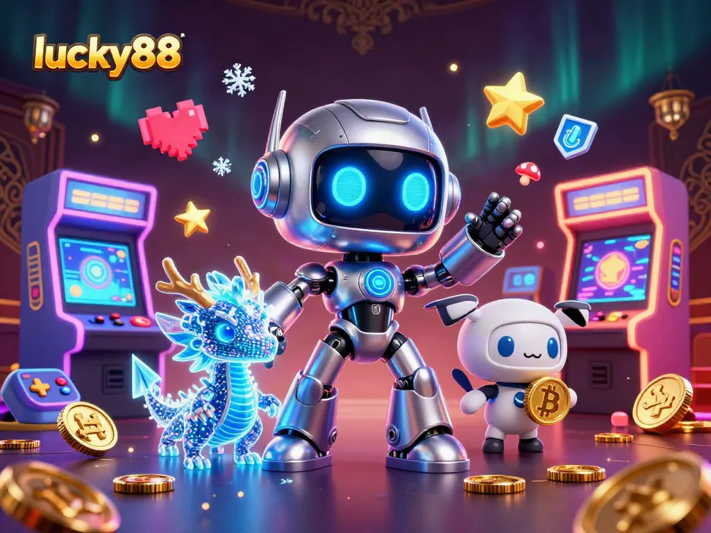 Experience excitement with lucky88 as a cyberpunk mascot and AI dragon in a vibrant casino scene.