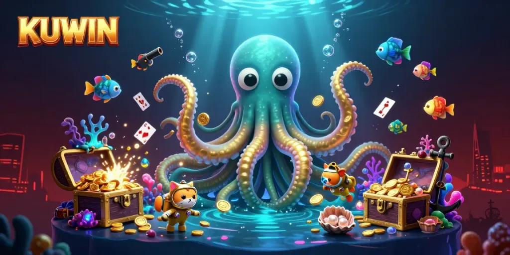 Enjoy thrilling adventures with KUWIN's captivating underwater scene featuring a kraken and diving cat.