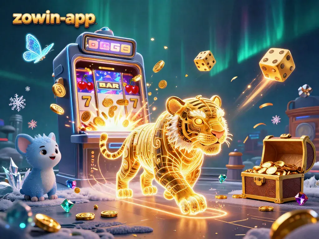Engage with the immersive features of the zowin-app, where the golden tiger prowls amidst vibrant slot machines and glowing treasures.