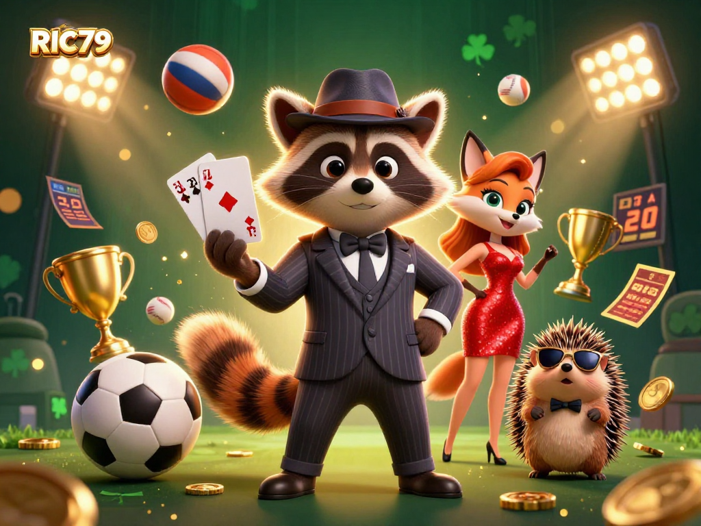 Engage in thrilling gameplay at RIC79 with a raccoon holding a royal flush amid vibrant sports betting action.