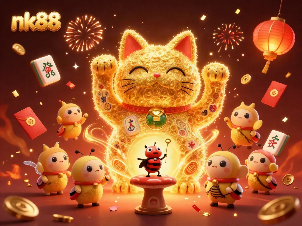 Experience the vibrant charm of nk88 with a golden lucky cat at a lively casino scene full of excitement.