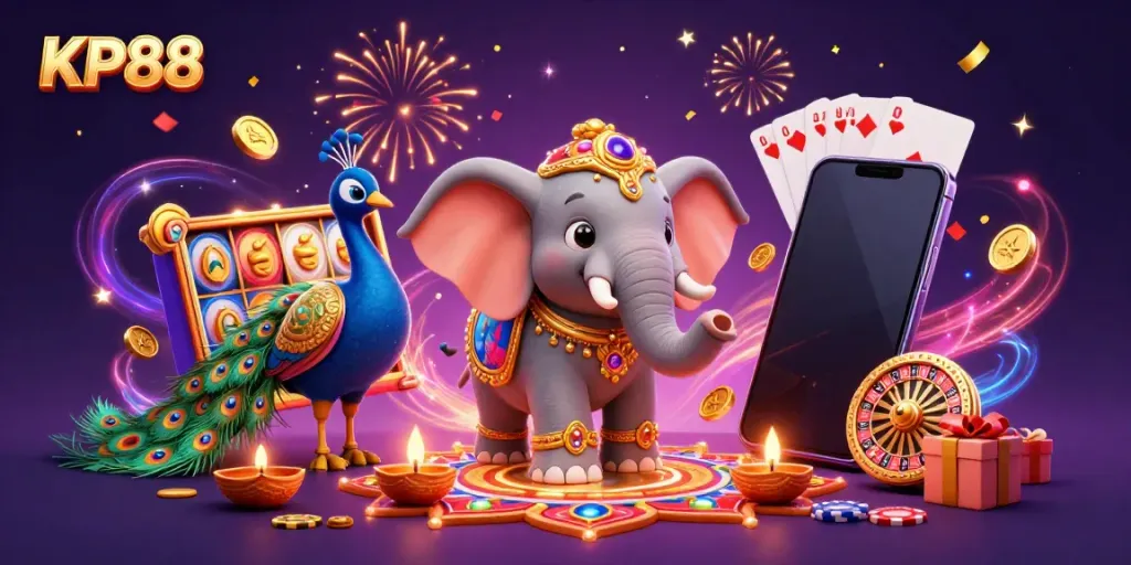 Engage with KP88's vibrant 3D casino scene featuring festive characters and exciting gaming elements.