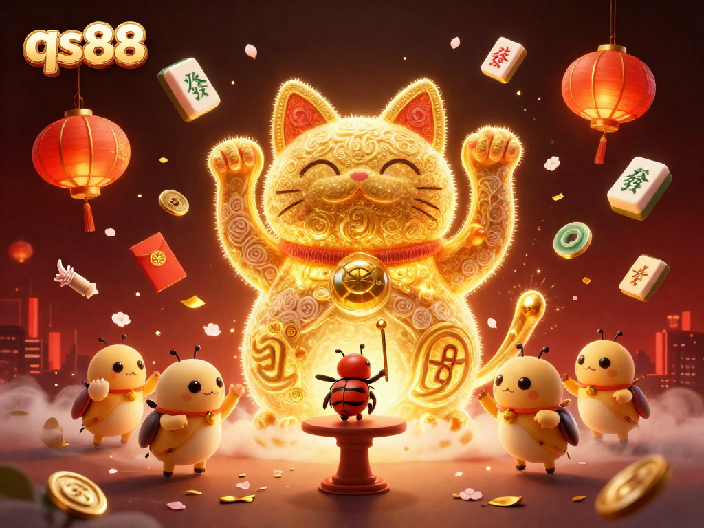 Engage in thrilling gameplay at qs88 with the majestic lucky cat surrounded by vibrant casino symbols.