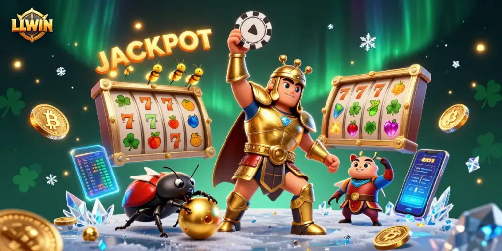 Achieve wins with LLWIN in this vibrant 3D casino scene featuring animated beetles and jackpot symbols.