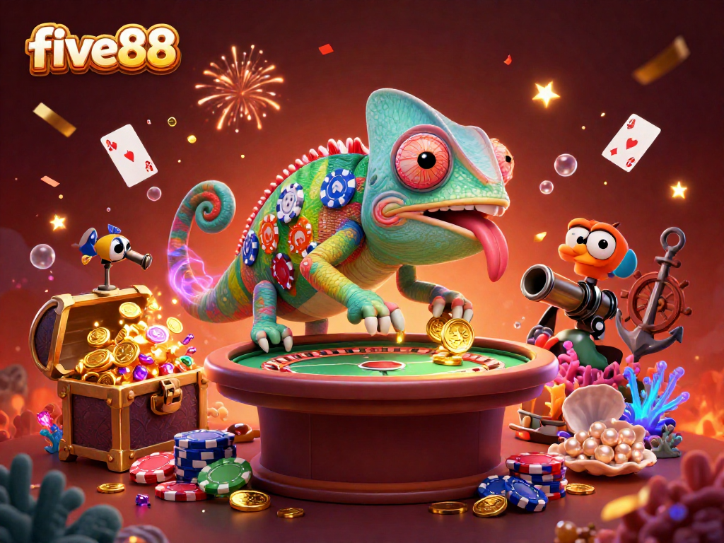 Join the action with five88 as the colorful chameleon casino owner collects golden coins surrounded by exciting game elements.