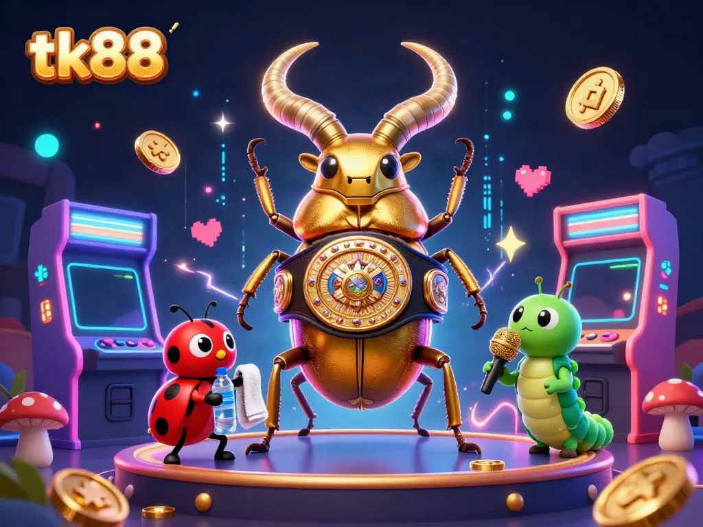 tk88 lively casino scene featuring a golden beetle champion and gaming elements.