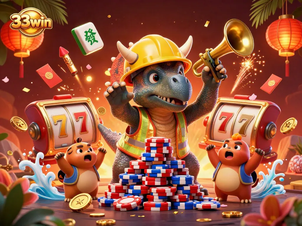 Experience excitement at 33win with a vibrant casino illustration celebrating game elements.