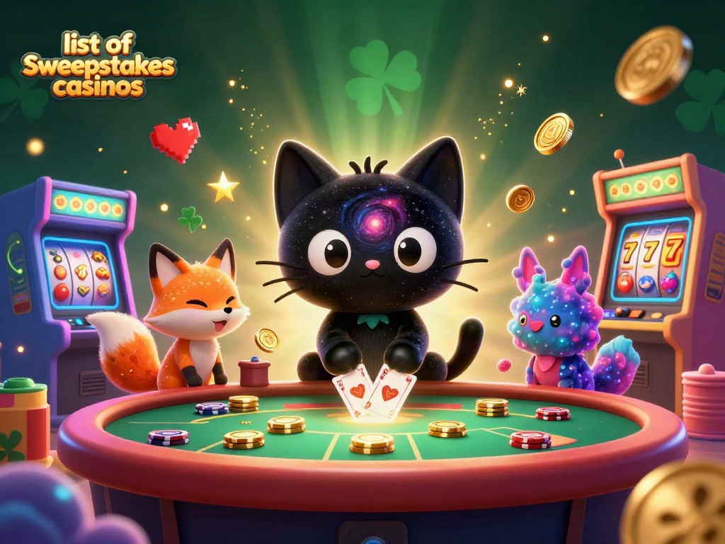 Engaging scene showcasing a list of sweepstakes casinos with vibrant characters and dynamic casino elements.
