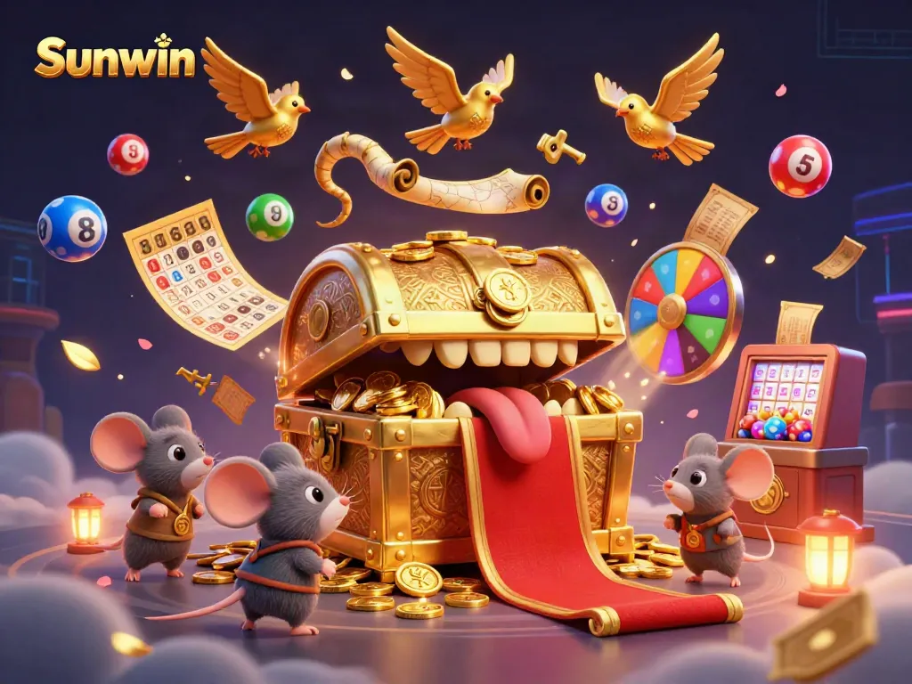 Engaging Sunwin casino scene with treasure chest and lottery elements creating a rich gaming atmosphere.