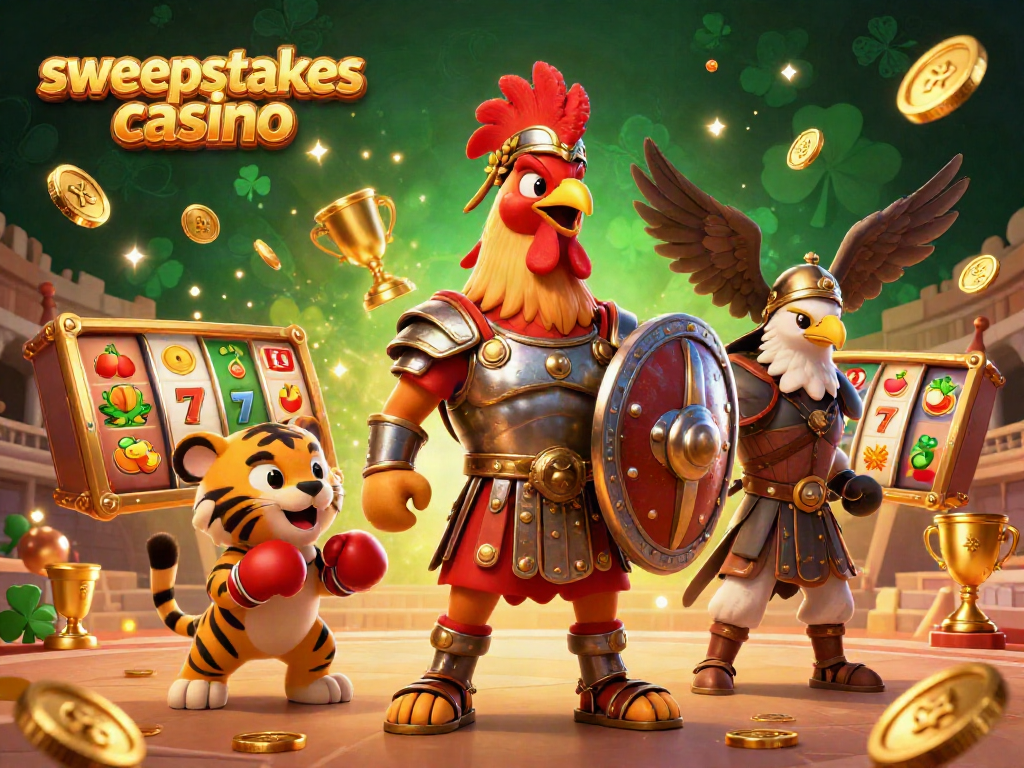 Engage with the exciting sweepstakes casino featuring a dynamic scene with a gladiator rooster and jackpot symbols.