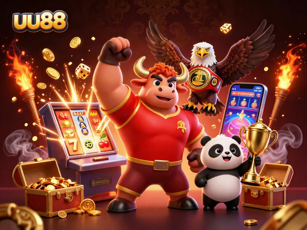 uu88 players celebrate victories at a casino with a bull mascot, eagle, and panda amidst slot machines and rewards