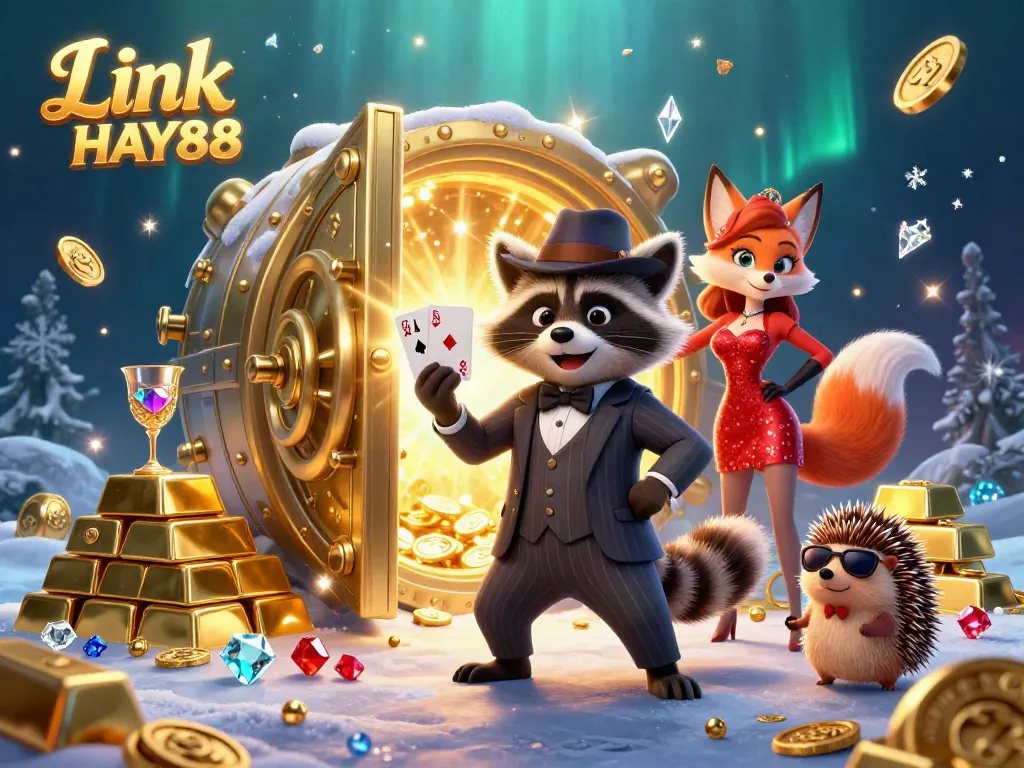 Experience the thrill of winning with Link HAY88 in a vibrant casino scene featuring charming characters and rich treasure.