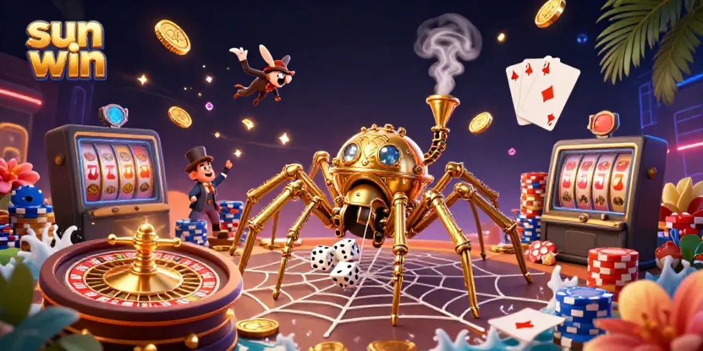 Experience thrilling wins with the sun win golden spider capturing dice in a vibrant casino scene.
