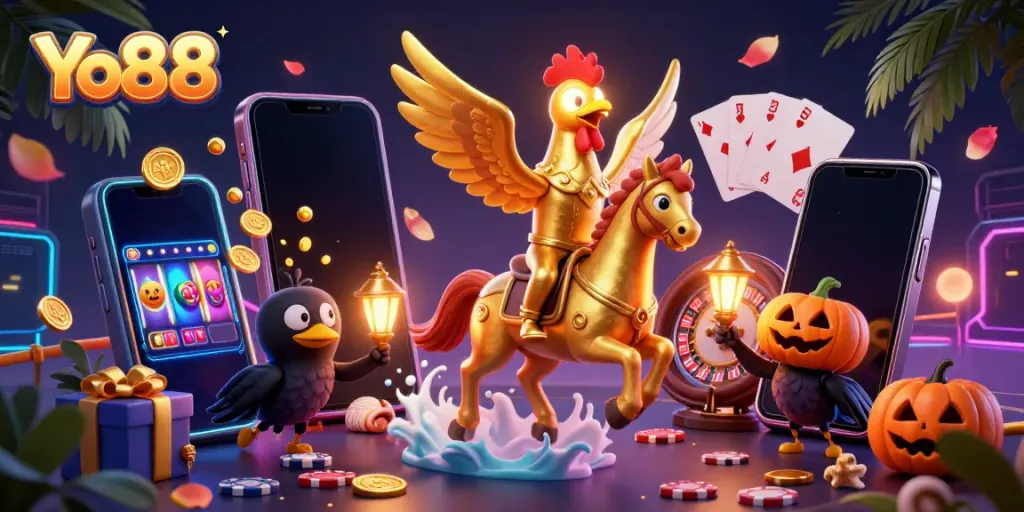 Experience thrilling gameplay at Yo88 with a vibrant scene featuring a golden rooster in a casino.