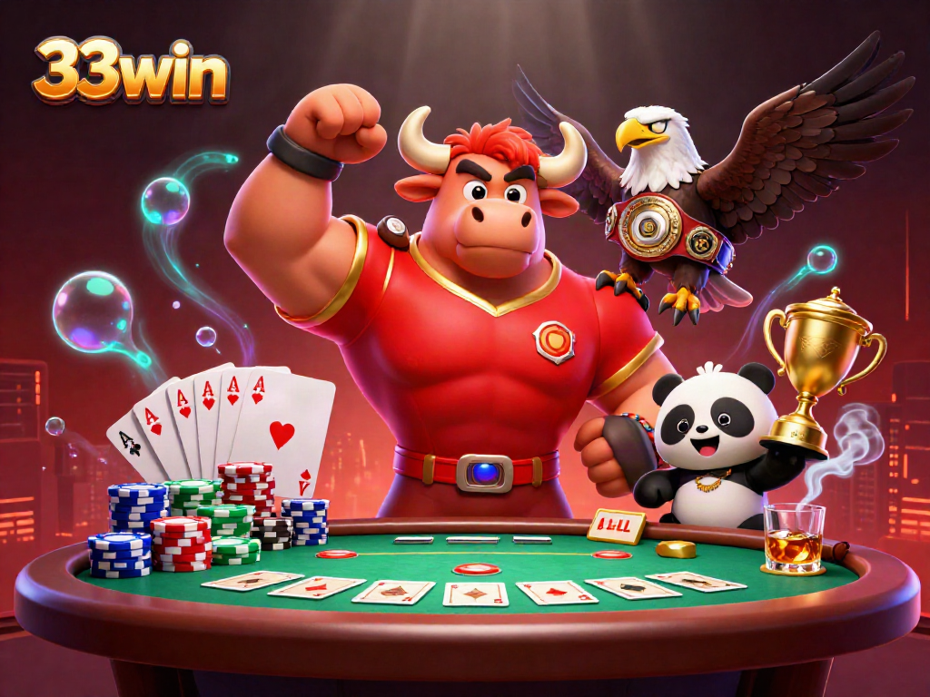 Engage in thrilling poker strategies at 33win with an exciting illustration of casino mascots.