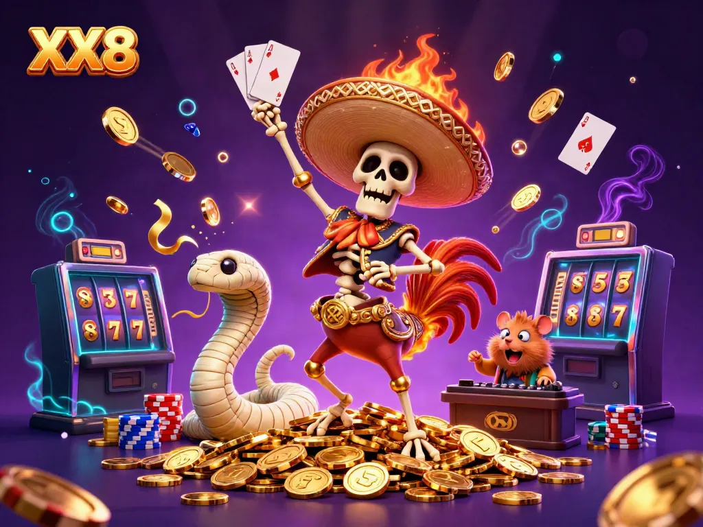 Experience the thrilling world of XX8 with a jubilant skeleton mariachi rooster dancing amidst golden coins and vibrant potions.