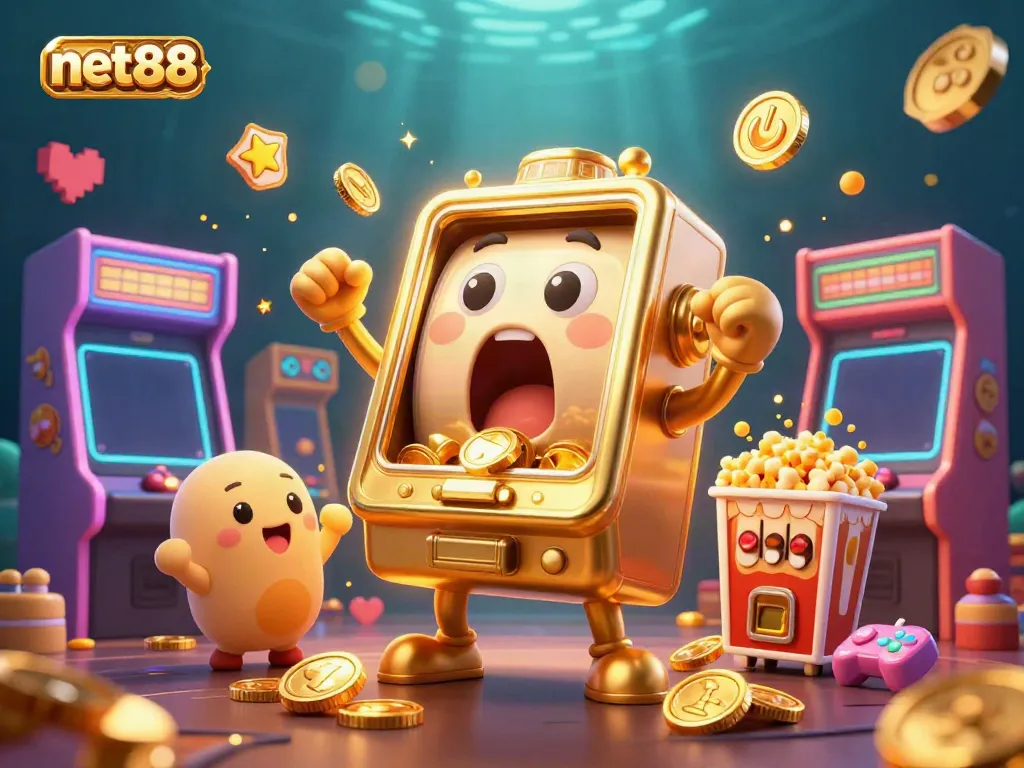 Experience the excitement of net88 with a golden slot machine hitting a jackpot amid 3D arcade elements.