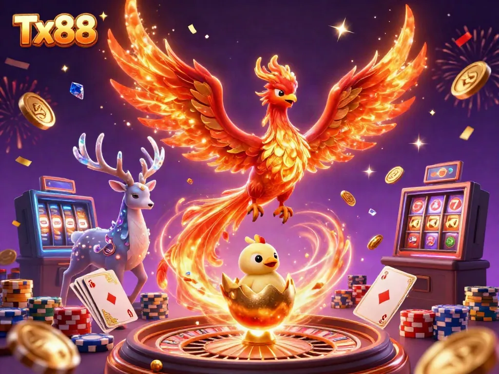 Experience thrilling gameplay at Tx88 with vibrant casino-themed 3D illustration showcasing a phoenix and exciting elements.