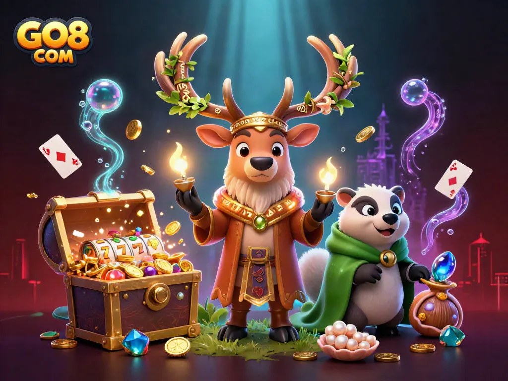 Experience thrilling gaming with GO8 COM in a vibrant 3D casino scene featuring treasure and joy.
