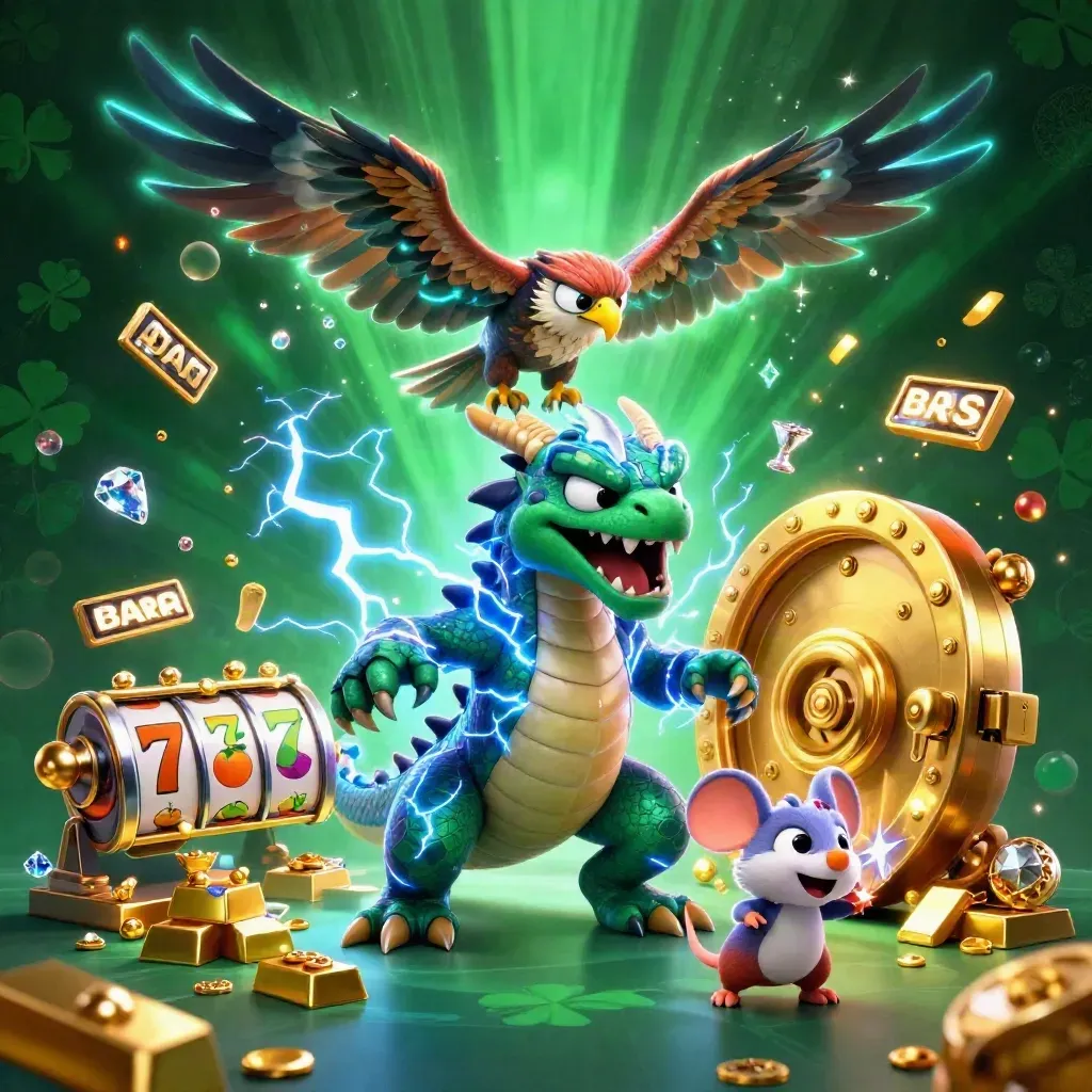 Thunder dragon, wind hawk and tiny mouse burst from a golden vault in neon jade casino light.