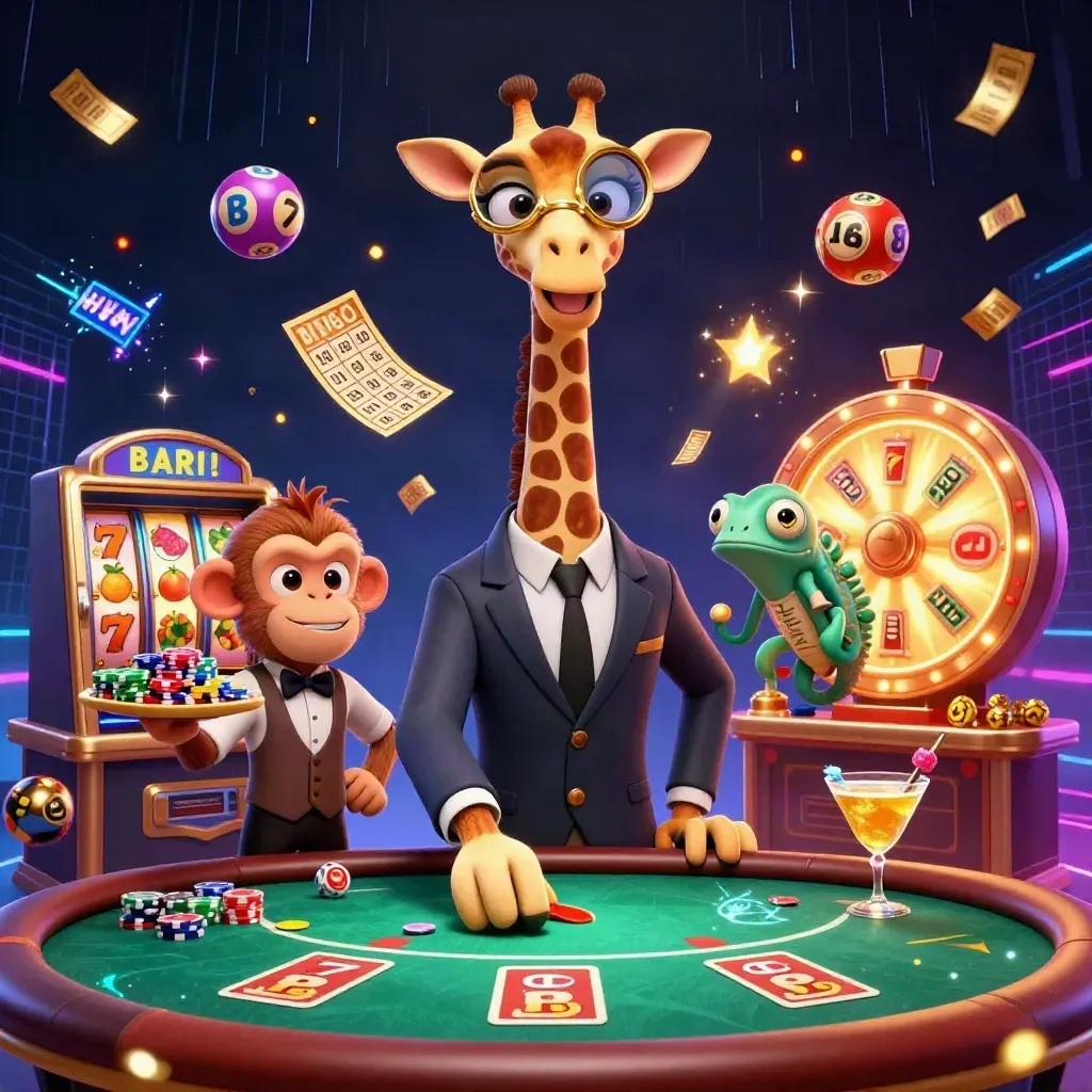 Giraffe, monkey valet, and chameleon bartender amid jackpot bursts, lottery balls, reels, and neon casino glow.
