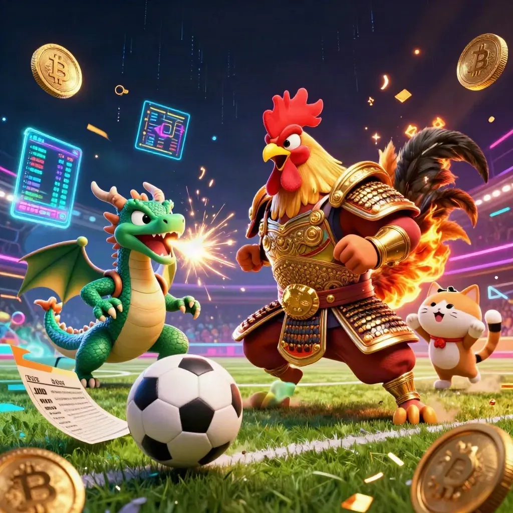 Rooster warrior, spark-breathing dragon hatchling, lucky cat, glowing balls and casino coins in a neon arena.