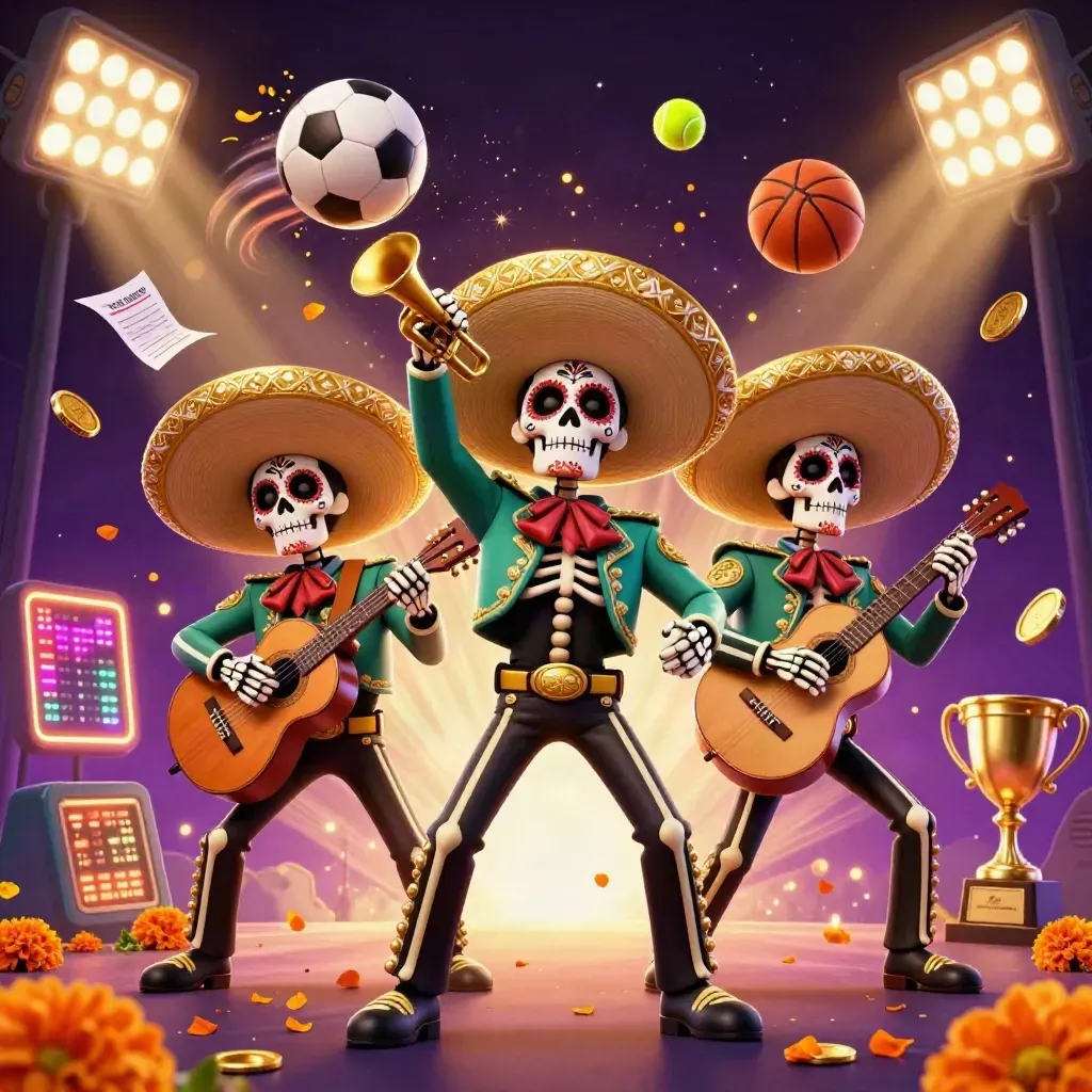 Skeleton mariachi trio amid flying sports balls, coins, and neon casino glow.