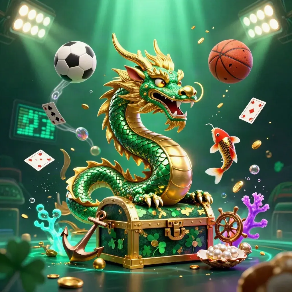 Jade dragon, phoenix and koi amid coin shower, balls and neon underwater casino glow.