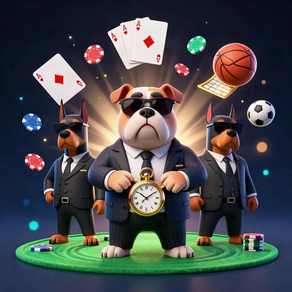 Mafia-boss bulldog and Dobermans around a poker table with flying chips, balls, and neon glow.