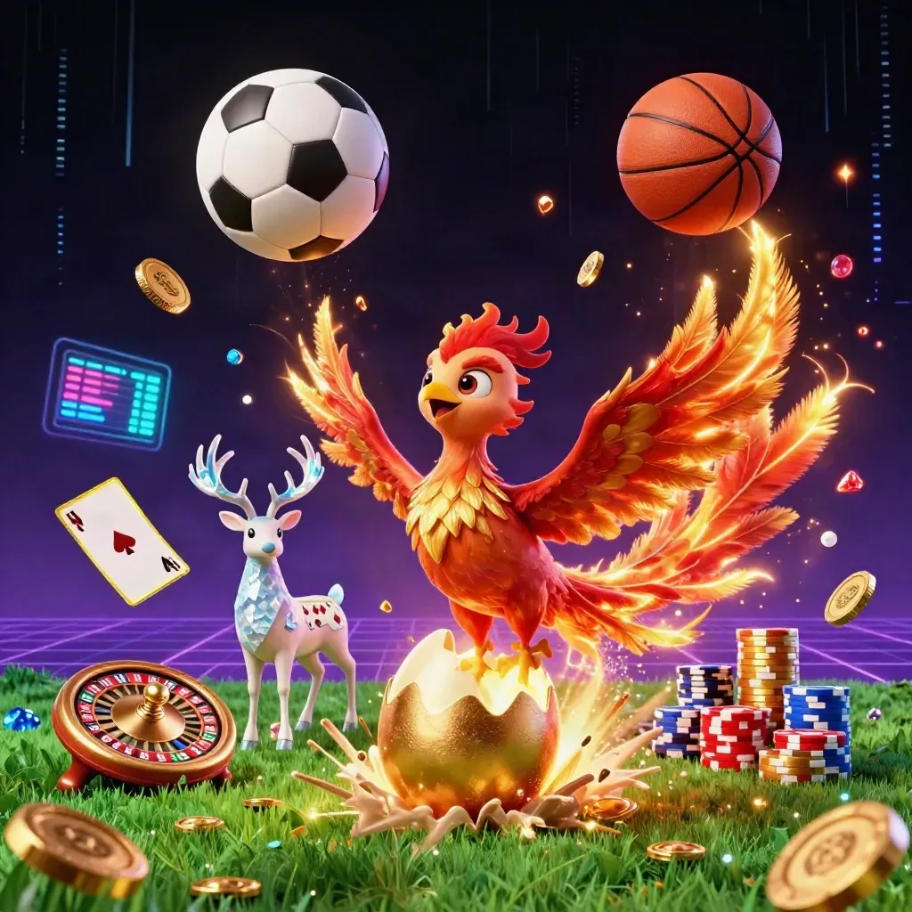 Fire phoenix, baby phoenix, and crystal-antlered stag amid casino chips, coins, balls, and neon energy.
